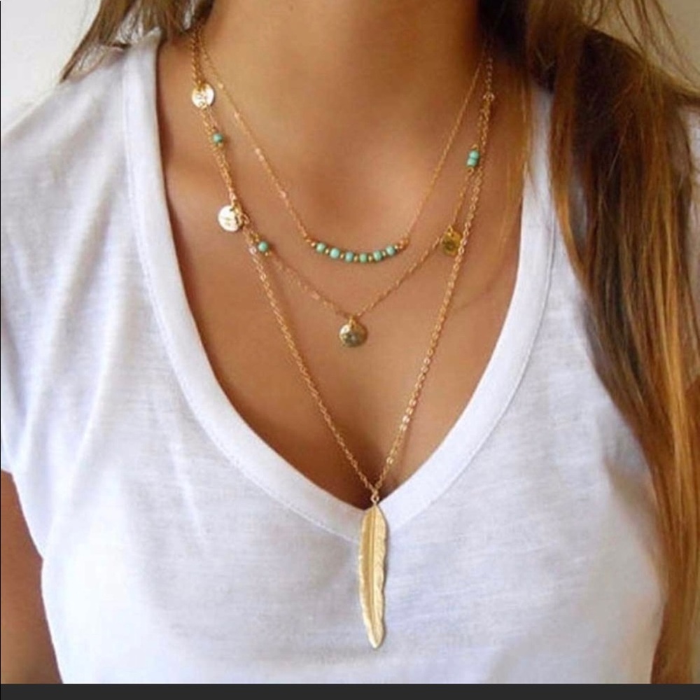 3 Layer Feather Necklace Gold
